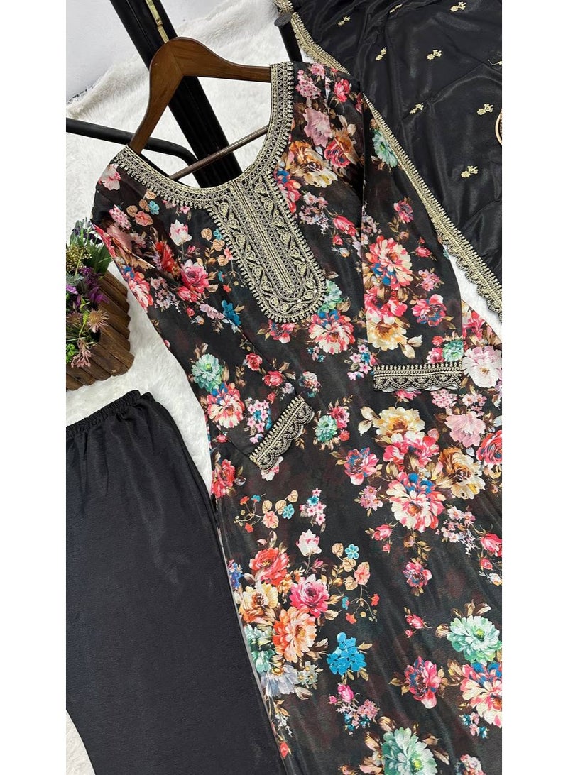 Super Asian Elegant Pure Chiffon Silk Digital Printed Suit Set with Embroidery Sequence Coding Work | Pant & Dupatta - Image 4