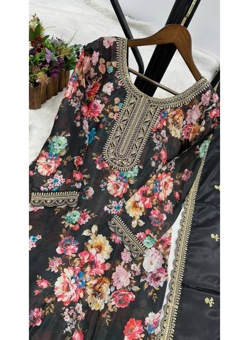 Super Asian Elegant Pure Chiffon Silk Digital Printed Suit Set with Embroidery Sequence Coding Work | Pant & Dupatta - Image 3