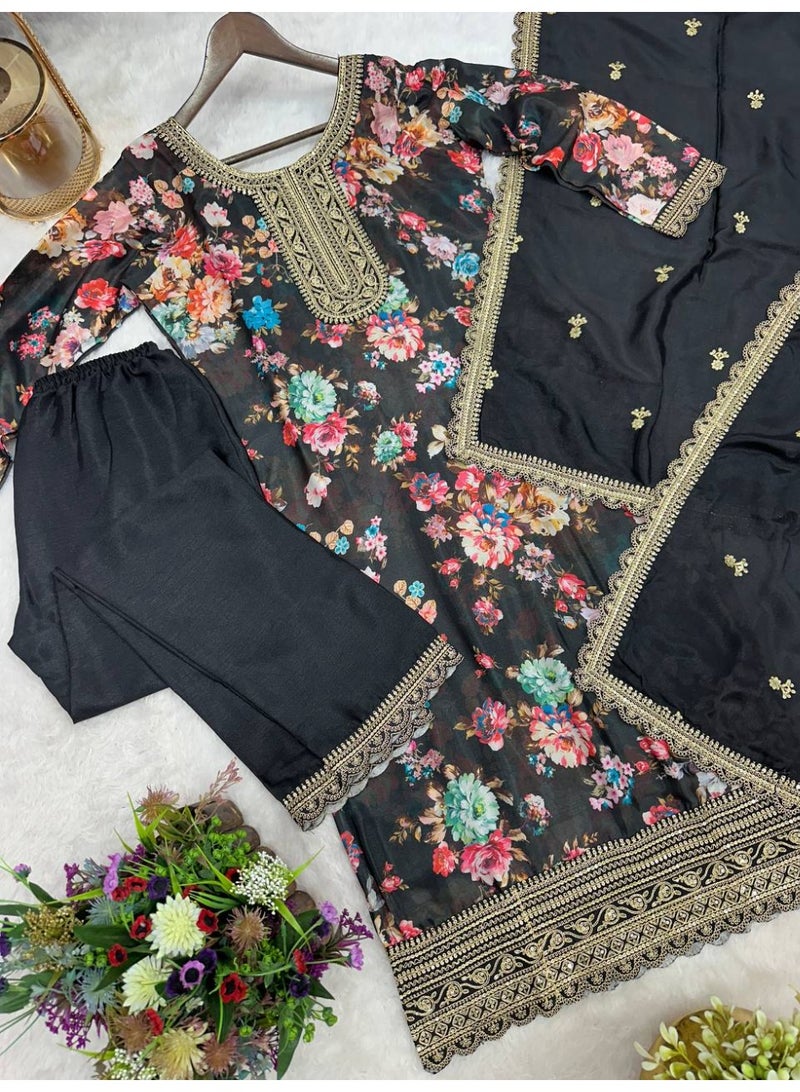 Super Asian Elegant Pure Chiffon Silk Digital Printed Suit Set with Embroidery Sequence Coding Work | Pant & Dupatta - Image 5