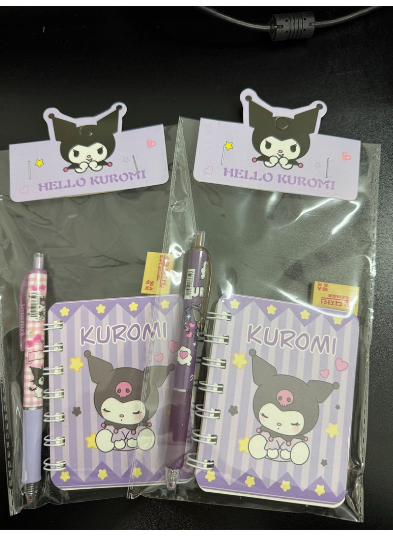 سانريو مجموعة أدوات مكتبية مشتركة العلامة التجارية من سانريو 4 في 1 (دفتر ملاحظات A7، قلم حبر جاف، ممحاة، ملصقات) - نمطان، يتم شحنهما بشكل عشوائي. - Image 1