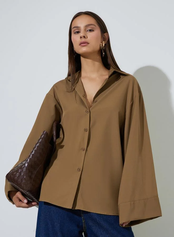 Styli Khaki Solid Bell Long Sleeves Oversized Shirt