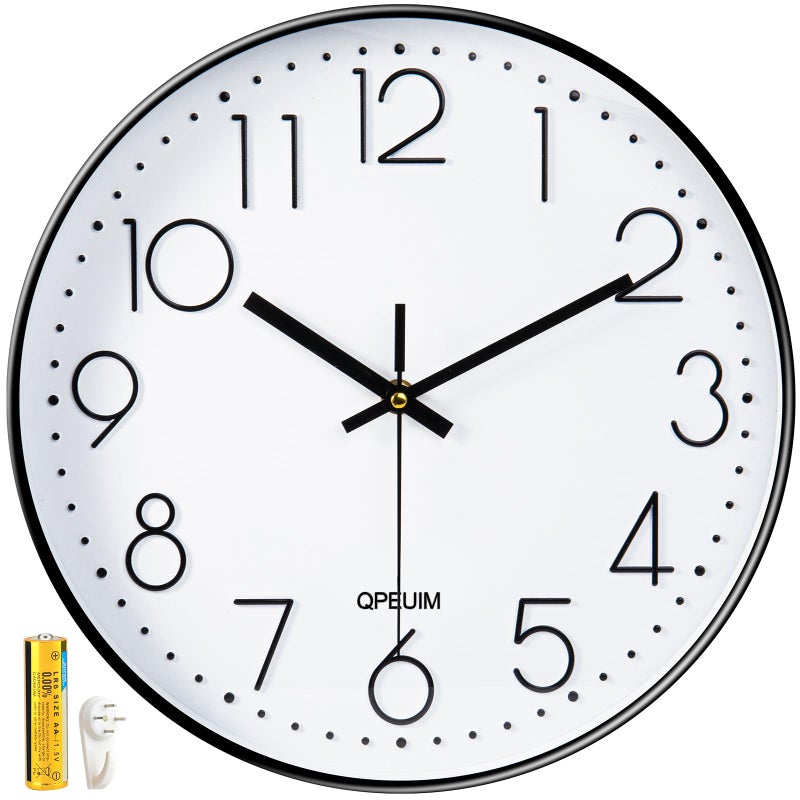 QPEUIM Wall Clock 12 Inch Wall Clocks NonTicking Battery Operated with Stereoscopic Dial UltraQuiet Movement Quartz for Office Classroom School Home Living Room Bedroom Kitchen