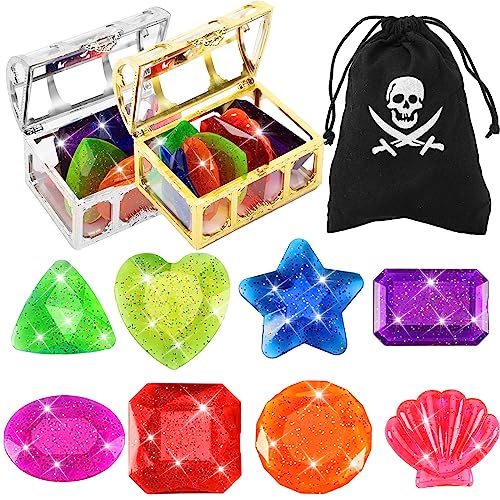 MARFOREVER 18 Pcs Big Diving Gem Pool Toys 16 Colorful Sinking Diving Gems Underwater Crystals Swim Pool Toys with 2 Treasure Chest Pirate Boxes Acrylic Gemstones Set for Summer Party Favors - Image 1