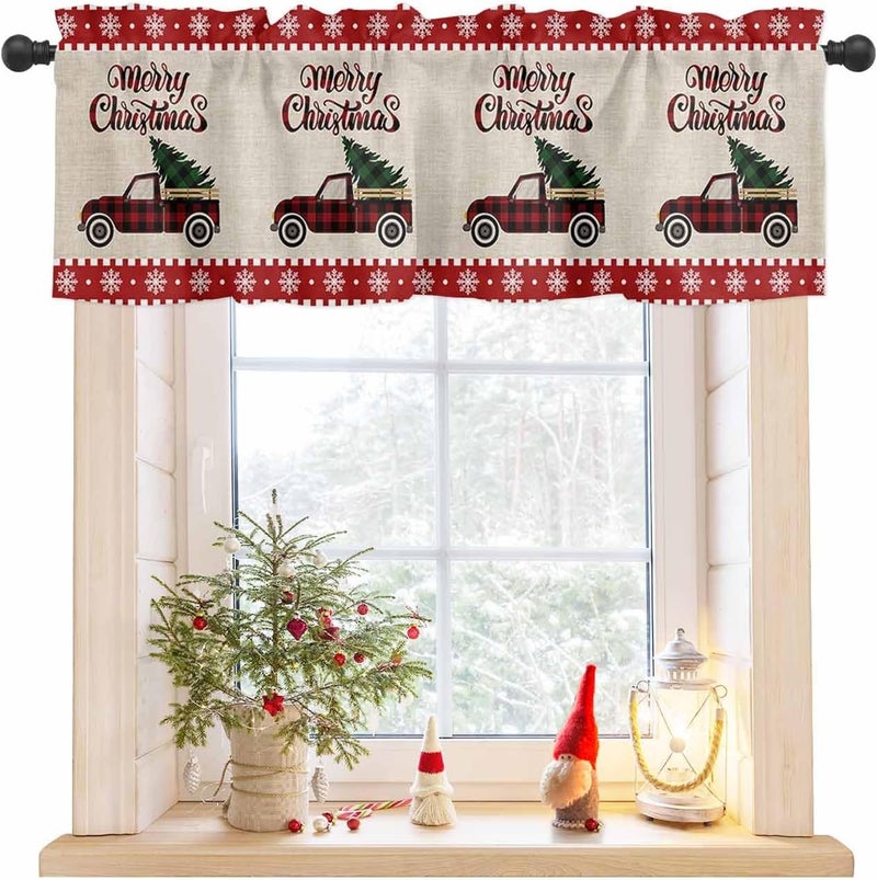 Christmas Curtain Valances Xmas Buffalo Plaid Truck Valance for Kitchen Windows Snowflake Holly Tree Rod Pocket Valance Curtains for Living Room Bedroom Small Windows Home Decor 54x18in - Image 1