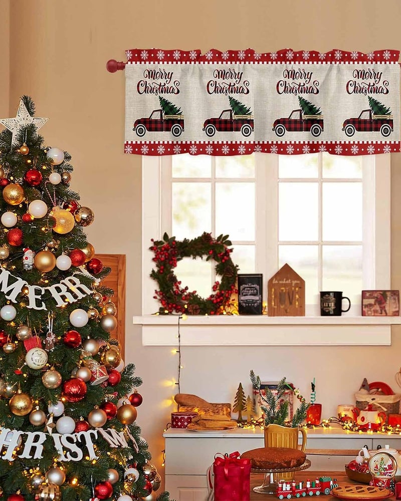 Christmas Curtain Valances Xmas Buffalo Plaid Truck Valance for Kitchen Windows Snowflake Holly Tree Rod Pocket Valance Curtains for Living Room Bedroom Small Windows Home Decor 54x18in - Image 4