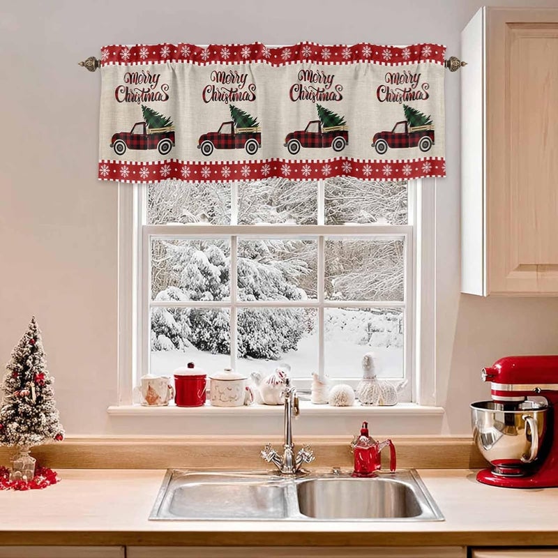 Christmas Curtain Valances Xmas Buffalo Plaid Truck Valance for Kitchen Windows Snowflake Holly Tree Rod Pocket Valance Curtains for Living Room Bedroom Small Windows Home Decor 54x18in - Image 2