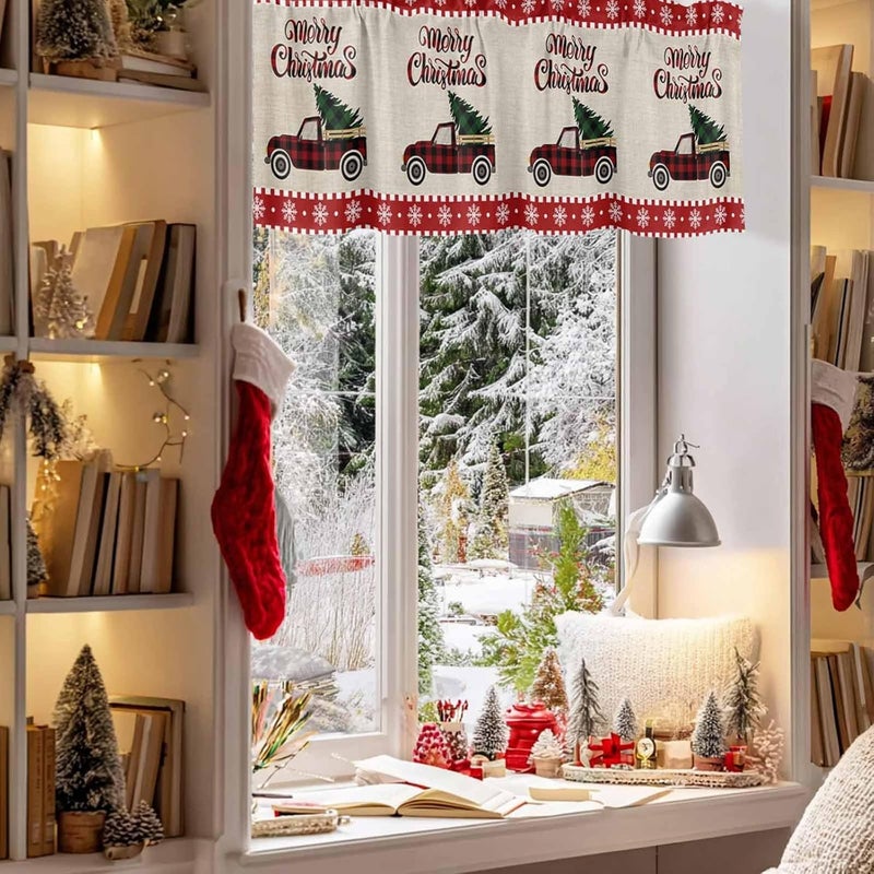 Christmas Curtain Valances Xmas Buffalo Plaid Truck Valance for Kitchen Windows Snowflake Holly Tree Rod Pocket Valance Curtains for Living Room Bedroom Small Windows Home Decor 54x18in - Image 3