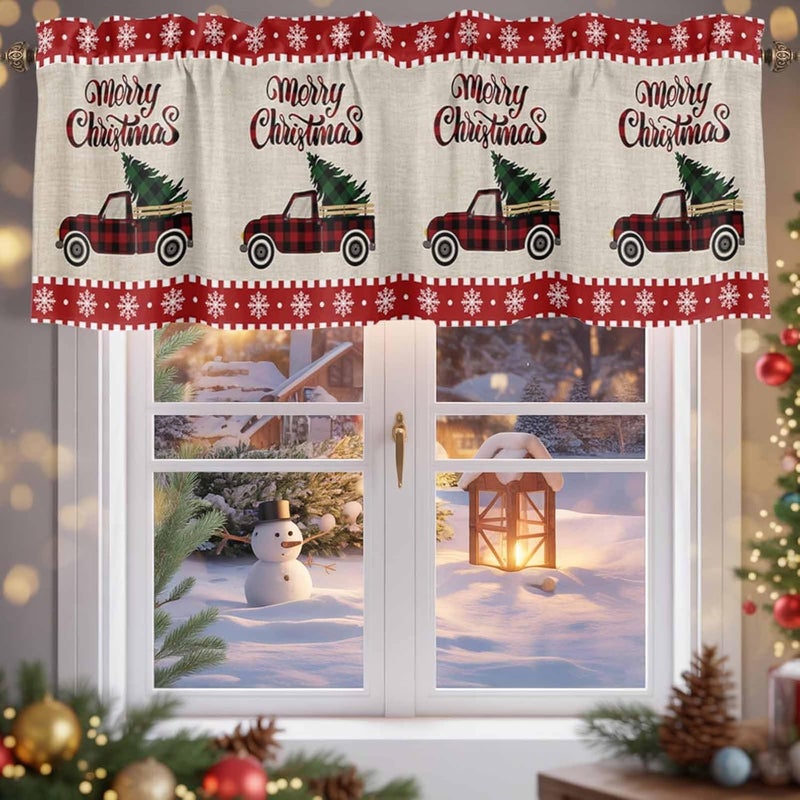 Christmas Curtain Valances Xmas Buffalo Plaid Truck Valance for Kitchen Windows Snowflake Holly Tree Rod Pocket Valance Curtains for Living Room Bedroom Small Windows Home Decor 54x18in - Image 5