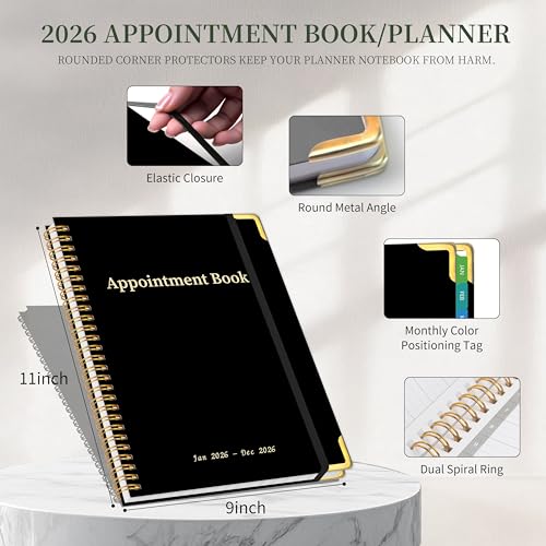 Kamoy 2026 Appointment Book/Planner - 2026 Daily Hourly Planner from Jan. 2026 - Dec. 2026, Weekly appointment Book 2026, 2026 Hourly planner with 20-Minute Interval, 9" x 11", Twin-Wire Binding, Colorful Tabs, Pocket - Black - Image 2