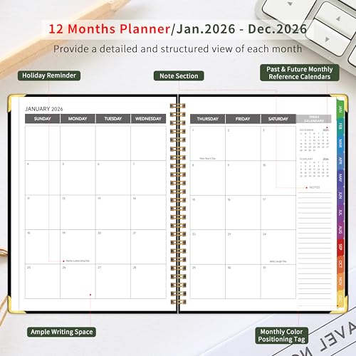 Kamoy 2026 Appointment Book/Planner - 2026 Daily Hourly Planner from Jan. 2026 - Dec. 2026, Weekly appointment Book 2026, 2026 Hourly planner with 20-Minute Interval, 9" x 11", Twin-Wire Binding, Colorful Tabs, Pocket - Black - Image 4