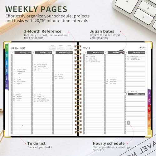 Kamoy 2026 Appointment Book/Planner - 2026 Daily Hourly Planner from Jan. 2026 - Dec. 2026, Weekly appointment Book 2026, 2026 Hourly planner with 20-Minute Interval, 9" x 11", Twin-Wire Binding, Colorful Tabs, Pocket - Black - Image 5