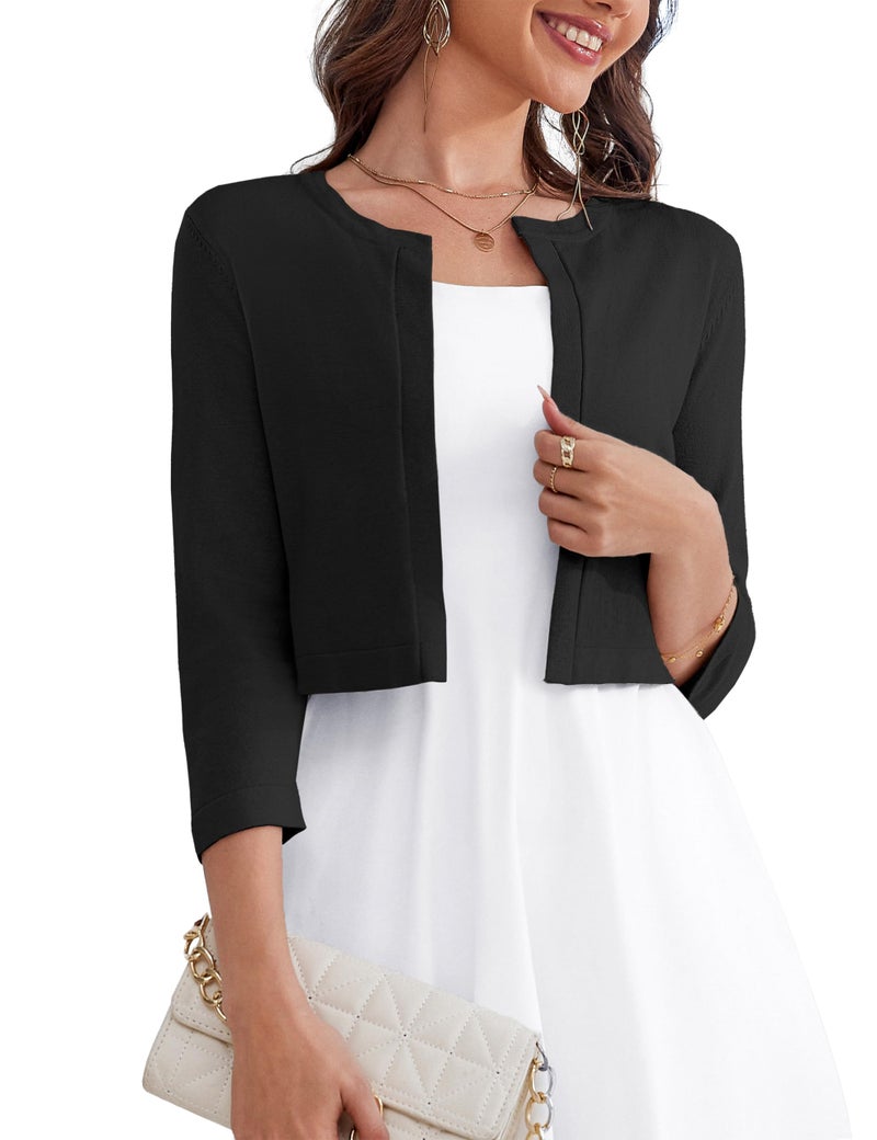 OmicGot Women's 3/4 Sleeve Cropped Cardigan Sweater Bolero Open Front Black Shrugs for Women Dresses XL - Image 1