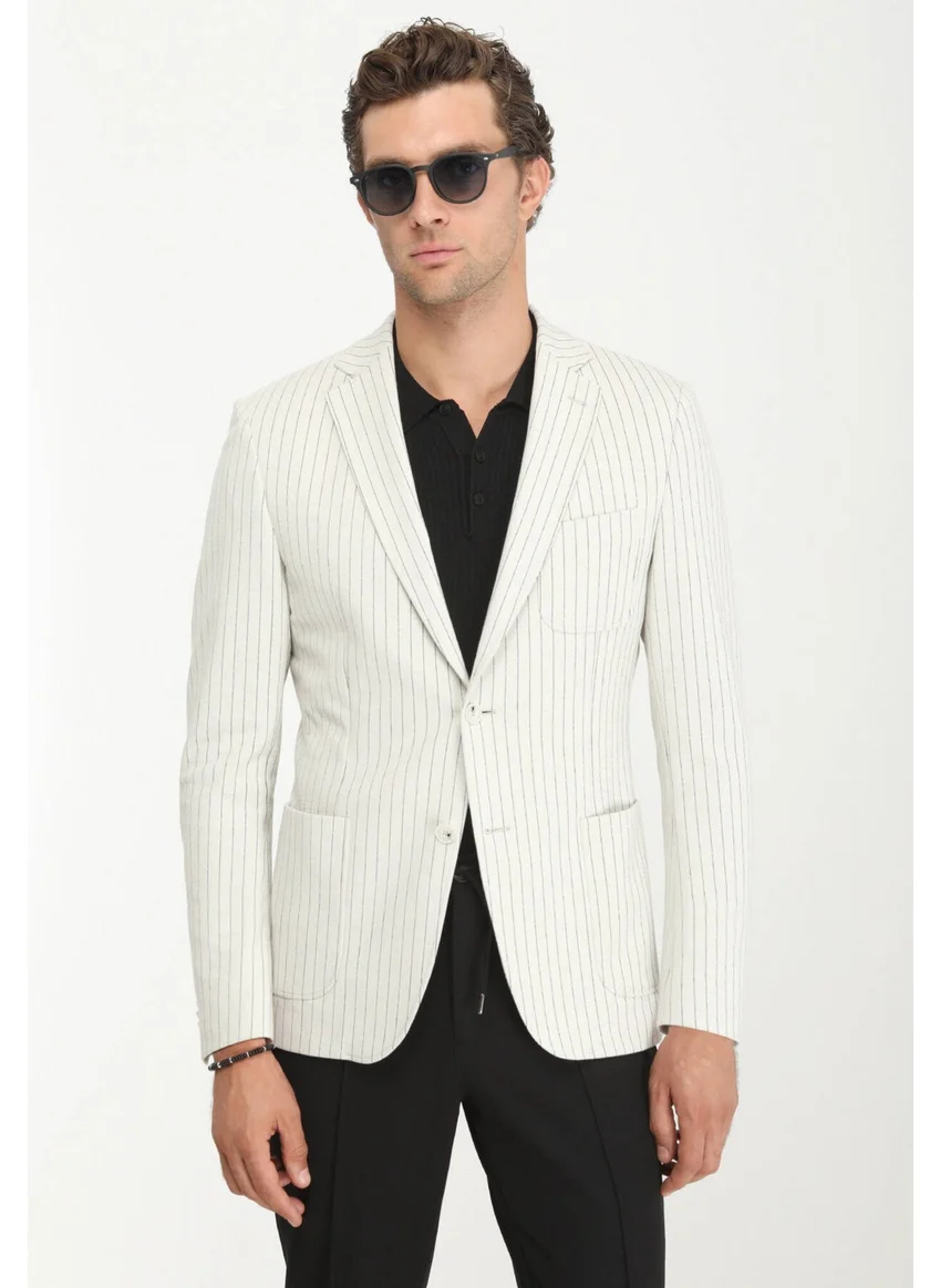 Kip Ecru Striped Modern Fit Cotton Blend Knit Jacket