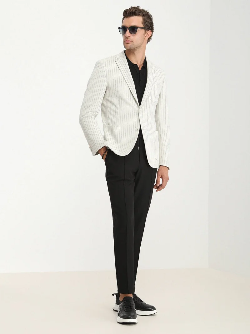 Kip Ecru Striped Modern Fit Cotton Blend Knit Jacket