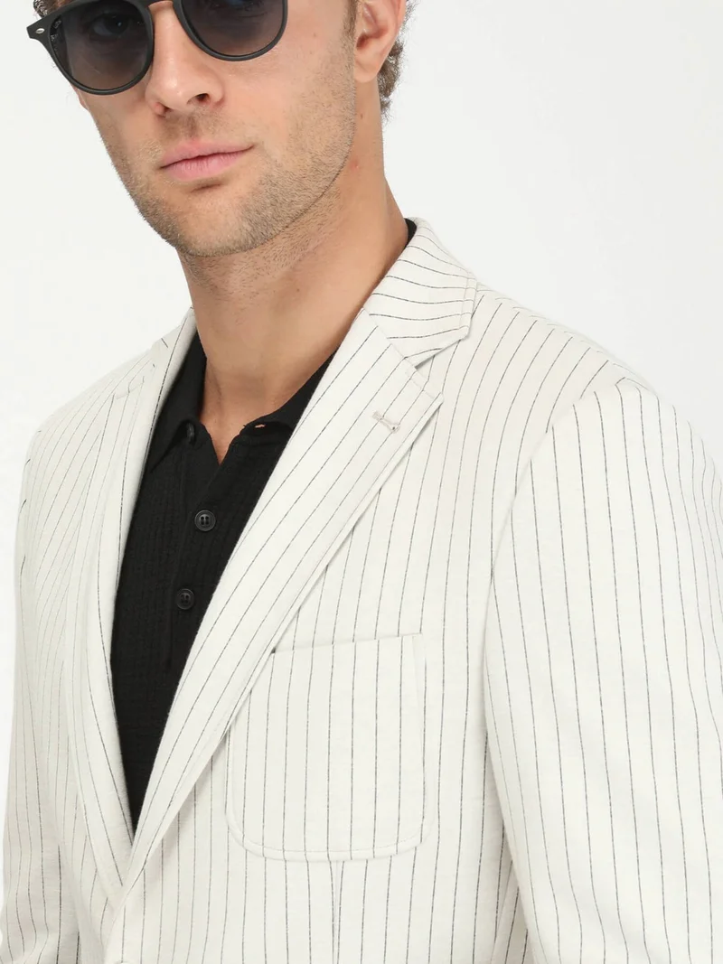 Kip Ecru Striped Modern Fit Cotton Blend Knit Jacket