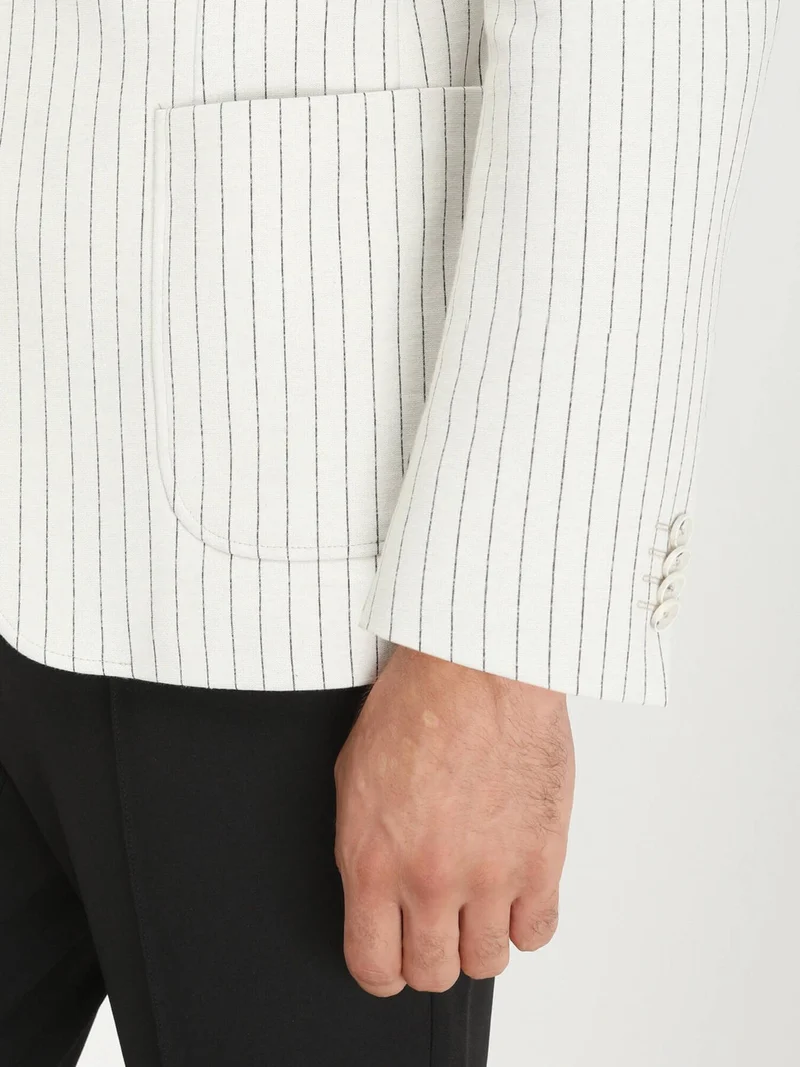 Kip Ecru Striped Modern Fit Cotton Blend Knit Jacket