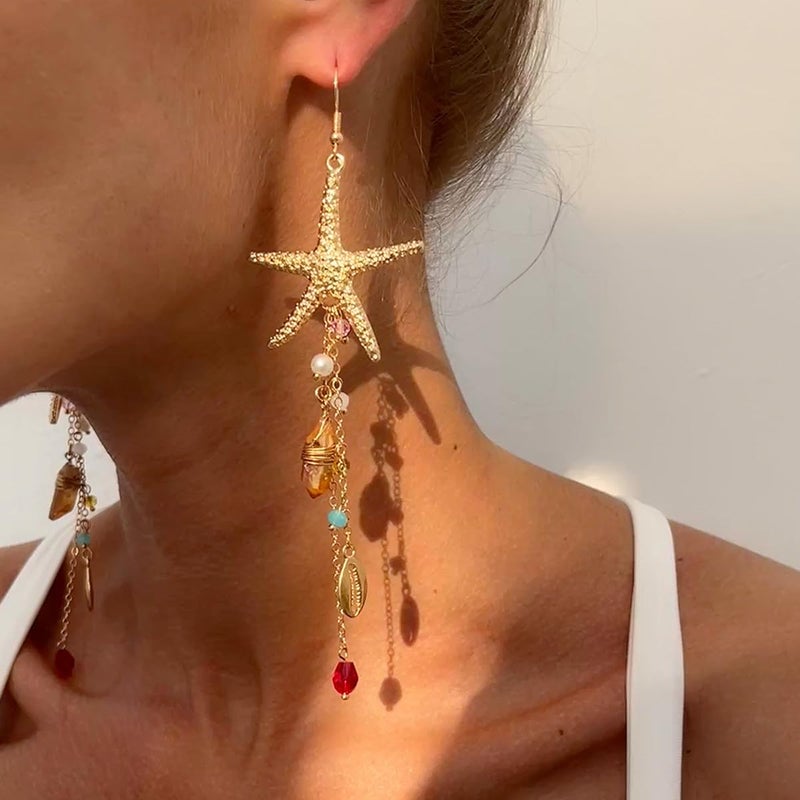 MIFYNN Starfish Tassel Dangle Earrings for Women Jellyfish Earrings Beach Long Dangle Drop Earring Summer Charm Earrings Ocean-Themed Dangling Earring Boho Beach Jewelry (Gold Starfish) - Image 2