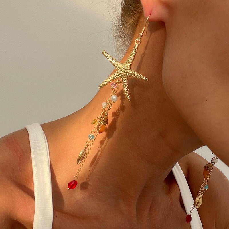 MIFYNN Starfish Tassel Dangle Earrings for Women Jellyfish Earrings Beach Long Dangle Drop Earring Summer Charm Earrings Ocean-Themed Dangling Earring Boho Beach Jewelry (Gold Starfish) - Image 3