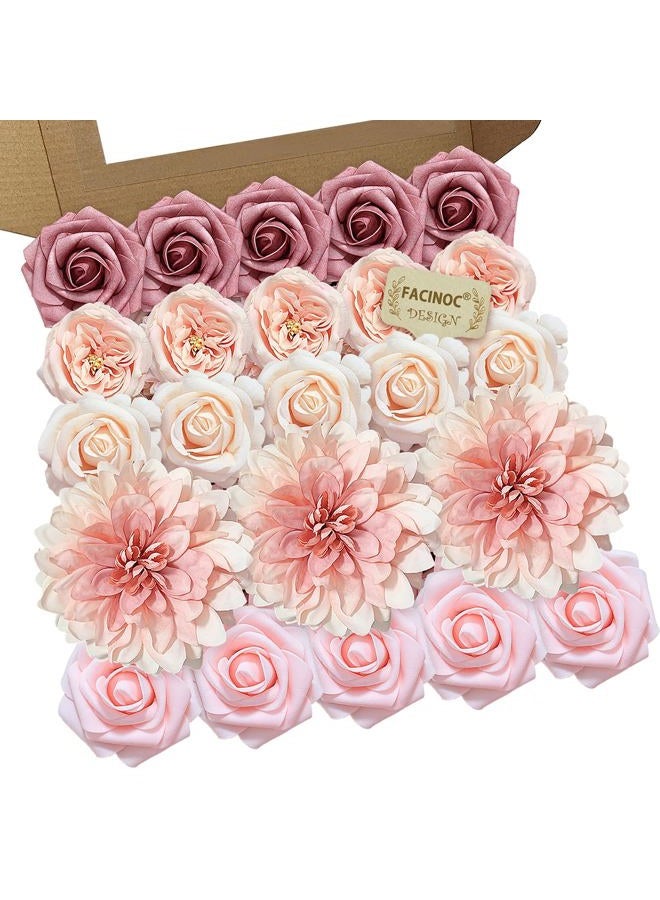 FACINOC Pink Roses Artificial Flowers Fake Flower Bulk for DIY Wedding Bouquet Bridal Baby Shower Centerpiece Table Decorations Silk Faux Floral Arrangements for Party Home Decor Indoor Dusty Blush - Image 1