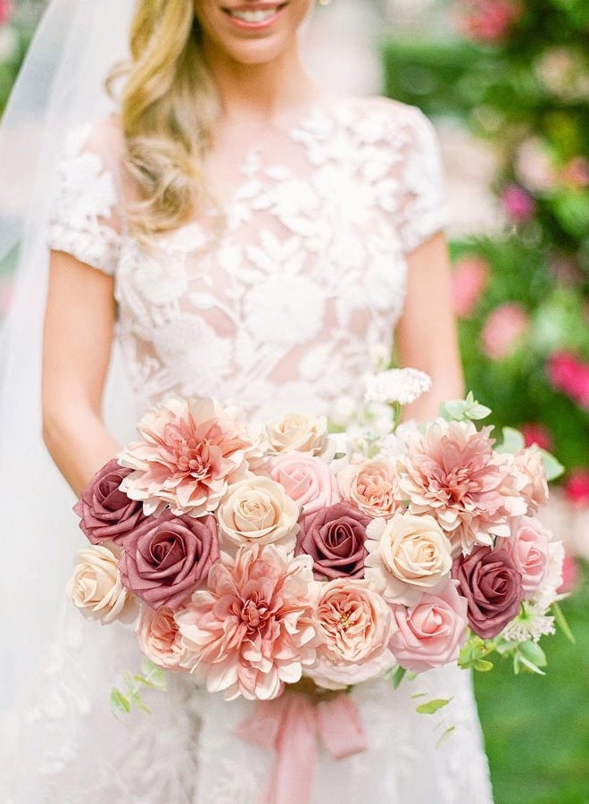 FACINOC Pink Roses Artificial Flowers Fake Flower Bulk for DIY Wedding Bouquet Bridal Baby Shower Centerpiece Table Decorations Silk Faux Floral Arrangements for Party Home Decor Indoor Dusty Blush - Image 2
