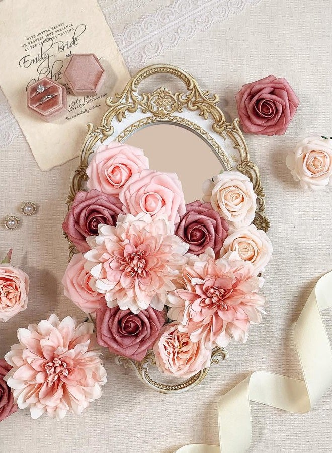 FACINOC Pink Roses Artificial Flowers Fake Flower Bulk for DIY Wedding Bouquet Bridal Baby Shower Centerpiece Table Decorations Silk Faux Floral Arrangements for Party Home Decor Indoor Dusty Blush - Image 3