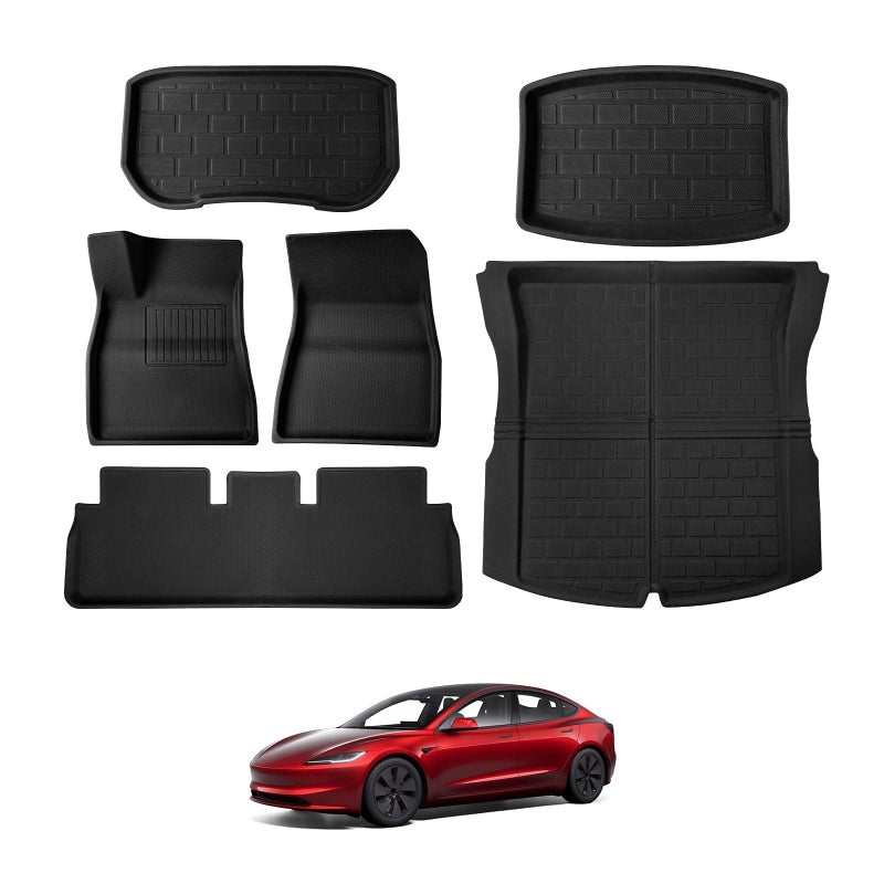 BASENOR 2025 Upgraded 6PCS Tesla Model 3 Floor Mats AllWeather Car Mats AntiSlip 3D Material Cargo Liner Trunk Mat for 2024 2025 Model 3 Highland Accessories