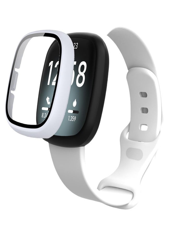 QHBAMD Silicone Breathable Strap Compatible for Fitbit Versa 3 Watch Band, Protection PC Case Cover for Versa 3 (White) - Image 1