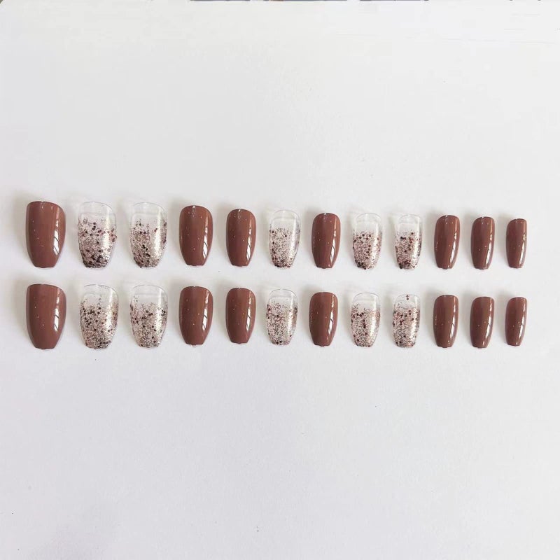 SINHOT Coffin Press on Nails Medium Ballerina Glossy Glue on Nails Brown Gradient Acrylic False Nails Designs 24 pcs - Image 3