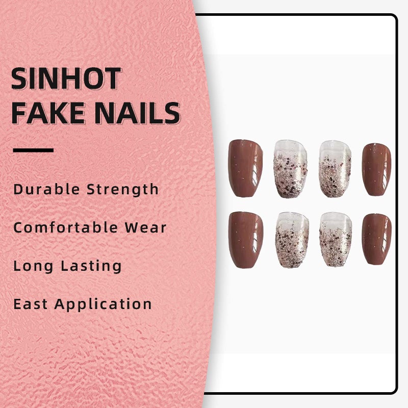 SINHOT Coffin Press on Nails Medium Ballerina Glossy Glue on Nails Brown Gradient Acrylic False Nails Designs 24 pcs - Image 4