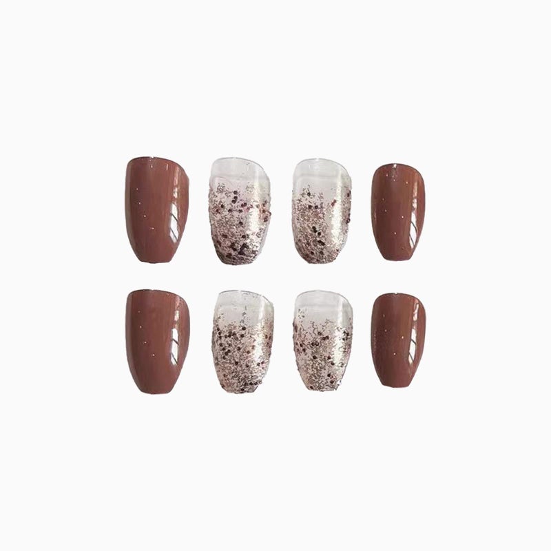 SINHOT Coffin Press on Nails Medium Ballerina Glossy Glue on Nails Brown Gradient Acrylic False Nails Designs 24 pcs - Image 2
