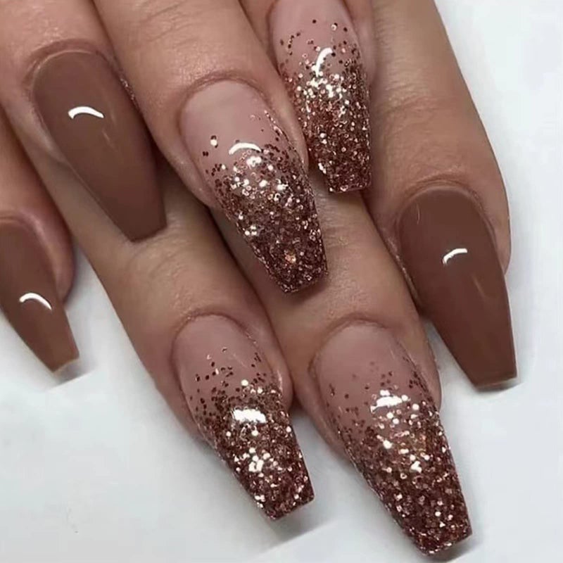 SINHOT Coffin Press on Nails Medium Ballerina Glossy Glue on Nails Brown Gradient Acrylic False Nails Designs 24 pcs - Image 1