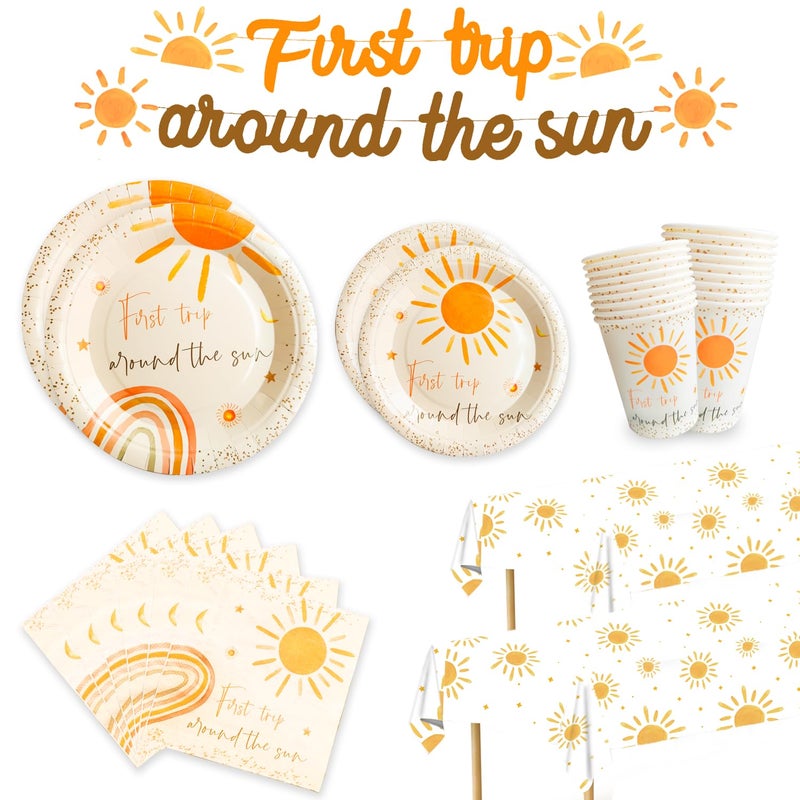 Racenaf First Trip Around The Sun Birthday Decorations Boho Sun Rainbow 1st Birthday Decorations for Girls and Boy Sun Plates and Napkins Cups Tablecloths Banner Set for Serve 25 Guests Sunshine Baby - Image 2