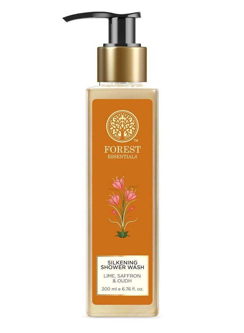فورست اسينشالز غسول استحمام سيلكينينج بالليمون والزعفران والعود | غسول الجسم الطبيعي الأيورفيدا لبشرة ناعمة وملساء | جل استحمام خالٍ من البارابين والكبريتات - Image 1