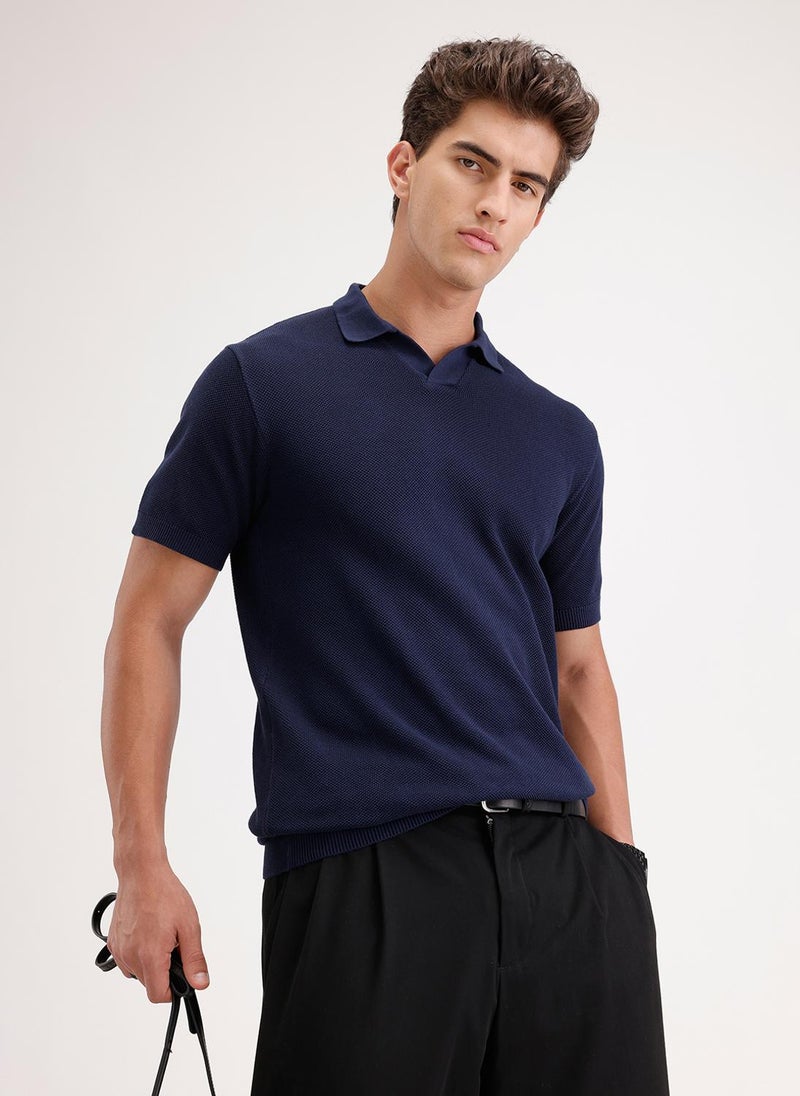 Wrogn Solid Slim Fit Polo T-Shirt | Navy Blue - Image 1
