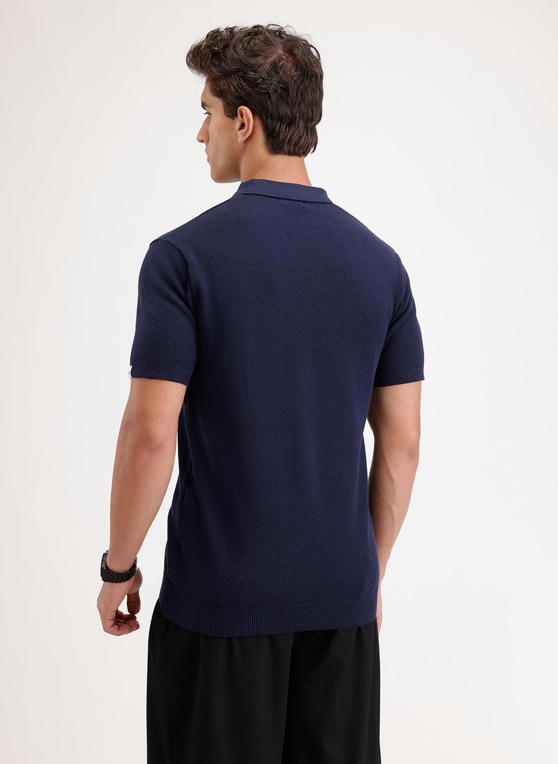 Wrogn Solid Slim Fit Polo T-Shirt | Navy Blue - Image 3