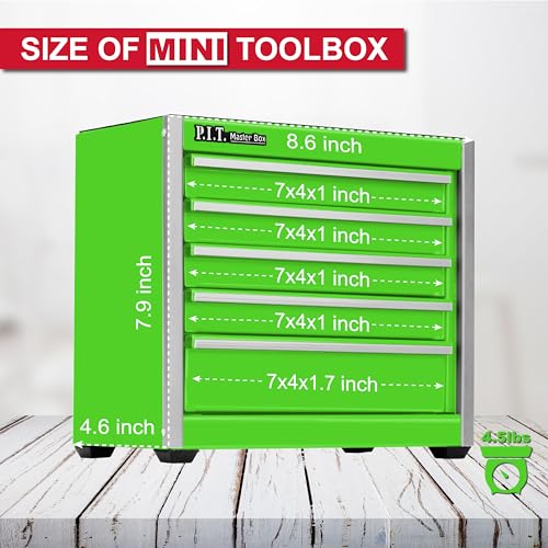 PIT P.I.T. Mini Green Tool Box, Portable 5-Drawer Micro Roll Cab Steel Tool Box with Liner, Green Small Tool Case for Tools Storage, Home DIY - Image 2