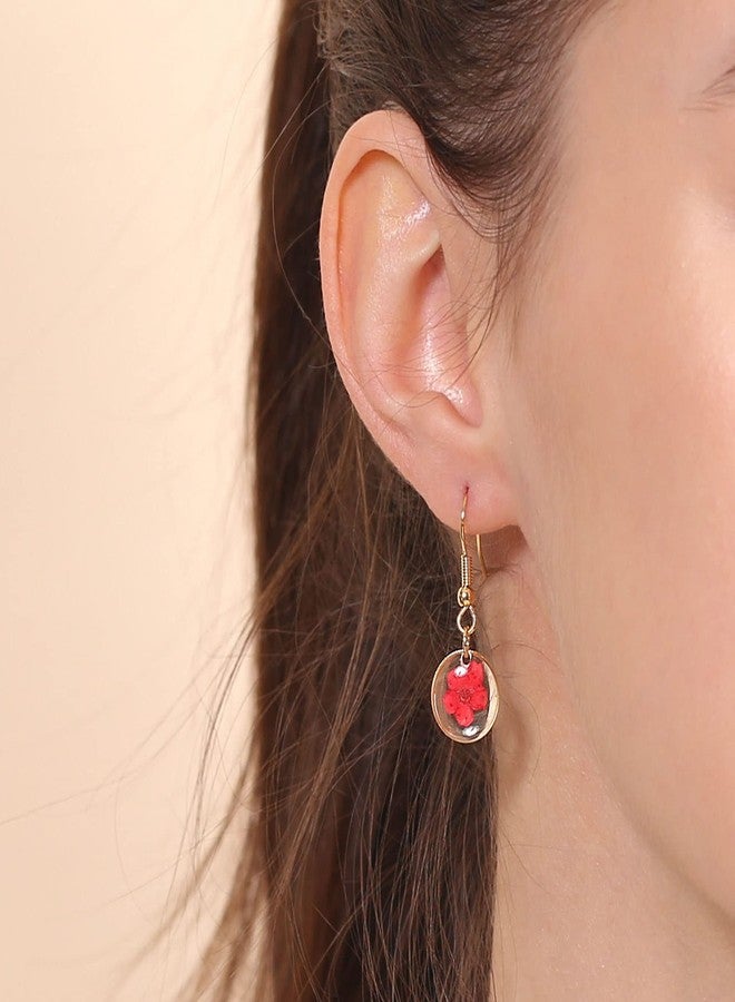 BONALUNA Pressed Flower Yellow Gold Plated Circle Dangle Drop Earrings - Image 3