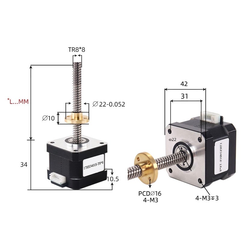 محرك خطوي Nema17 17HS3401S مع مشغل خطي T8x4 310مم وبرغي قيادة شبه منحرف - Image 3