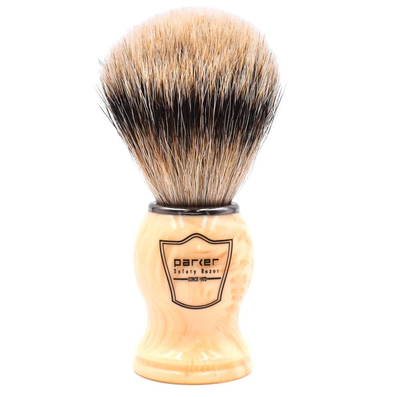 Parker Safety Razor Parker Silvertip Badger Shaving BrushFaux Ivory Resin Handle Stand 22mm Soft Knot for Rich Lather Handcrafted Grooming Tool for Shave Soaps or Creams Luxury Wet Shaving Brush Iconic Brand
