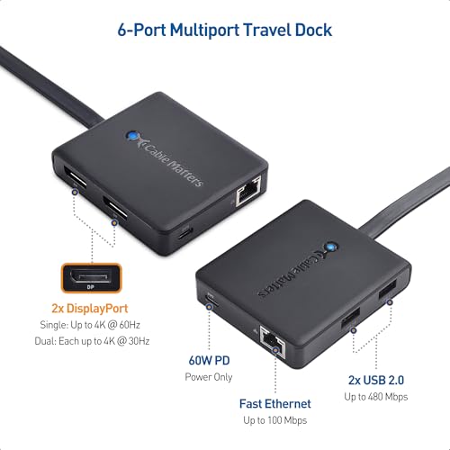 Cable Matters محور USB C مزدوج الشاشة من كابل ماترز (دوك USBC) مع منفذ عرض مزدوج 4K، 2X USB 2.0، إيثرنت، وشحن 60 واط - متوافق مع Thunderbolt 4 / USB4 / Thunderbolt 3 لنظامي Windows وLinux. - Image 2