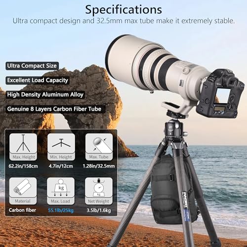 Innorel Compact Carbon Fiber Tripod with Stone Bag INNOREL CT324C Heavy Duty Travel Camera Stand for Canon Sony Nikon DSLR Camcorder - Image 2