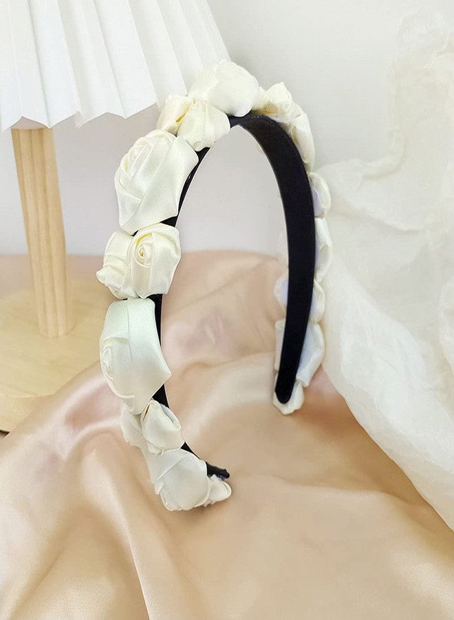 تينسيري طوق رأس من الساتان مزين بزهرة الورد، طوق شعر رومانسي مزين بالزهور، مناسب للفتيات والسيدات وحفلات الزفاف، لون عاجي - Image 2