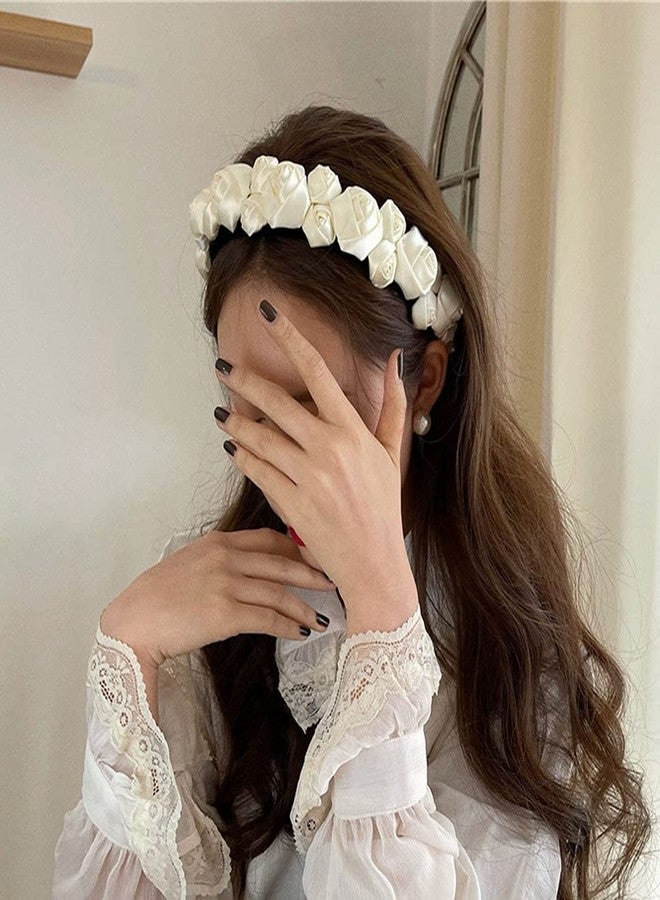 تينسيري طوق رأس من الساتان مزين بزهرة الورد، طوق شعر رومانسي مزين بالزهور، مناسب للفتيات والسيدات وحفلات الزفاف، لون عاجي - Image 4