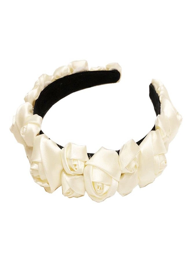 تينسيري طوق رأس من الساتان مزين بزهرة الورد، طوق شعر رومانسي مزين بالزهور، مناسب للفتيات والسيدات وحفلات الزفاف، لون عاجي - Image 1