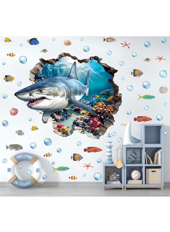 YIMEHDAN 3D Large Shark Wall Decals(28.1”x22.8”), Watercolor Sea World Vinyl Wall Stickers, Removable Cartoon Under The Sea Animal Artwork for Baby Bedroom Playroom Bathroom Decor - Image 1