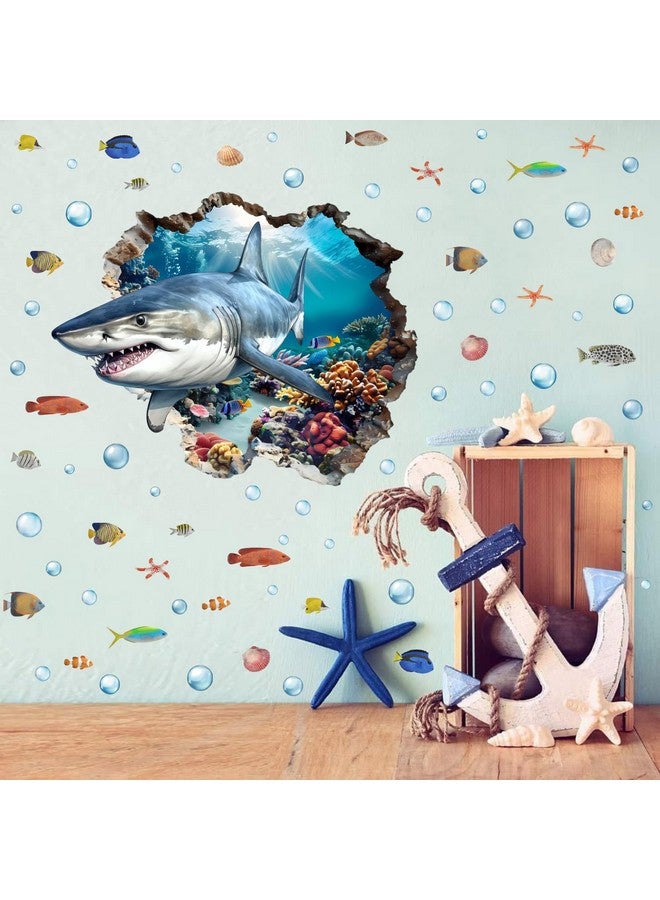 YIMEHDAN 3D Large Shark Wall Decals(28.1”x22.8”), Watercolor Sea World Vinyl Wall Stickers, Removable Cartoon Under The Sea Animal Artwork for Baby Bedroom Playroom Bathroom Decor - Image 2