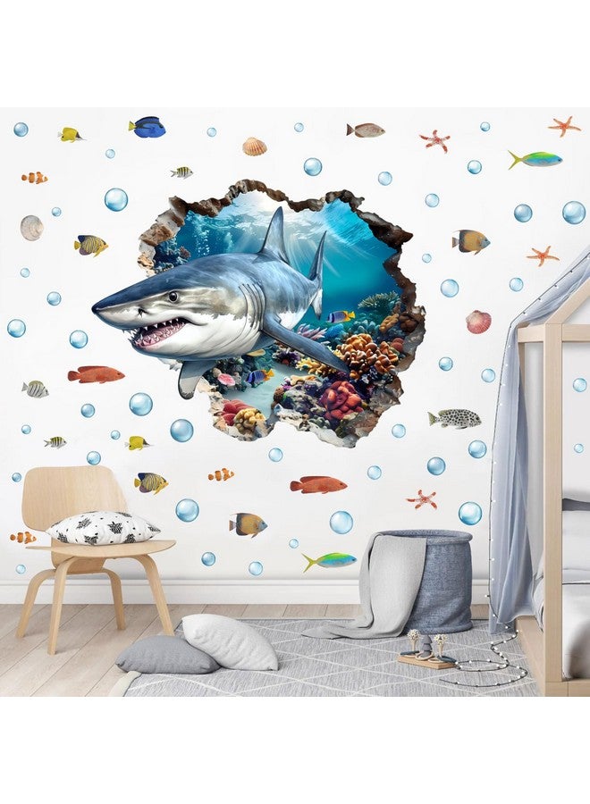 YIMEHDAN 3D Large Shark Wall Decals(28.1”x22.8”), Watercolor Sea World Vinyl Wall Stickers, Removable Cartoon Under The Sea Animal Artwork for Baby Bedroom Playroom Bathroom Decor - Image 3