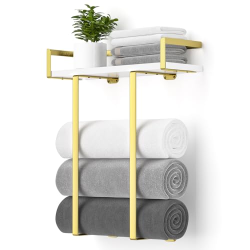 Xstydes Towel Racks for Bathroom Wall Mounted Metal Towel Holder with Wooden Shelf for Folding Large Towels Towel Storage for Small Bathroom Organizer Decor or RV CampingGolden - Image 1