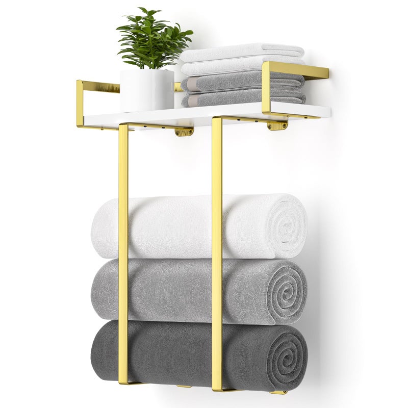 Xstydes Towel Racks for Bathroom Wall Mounted Metal Towel Holder with Wooden Shelf for Folding Large Towels Towel Storage for Small Bathroom Organizer Decor or RV CampingGolden - Image 2