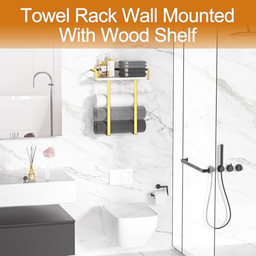 Xstydes Towel Racks for Bathroom Wall Mounted Metal Towel Holder with Wooden Shelf for Folding Large Towels Towel Storage for Small Bathroom Organizer Decor or RV CampingGolden - Image 3
